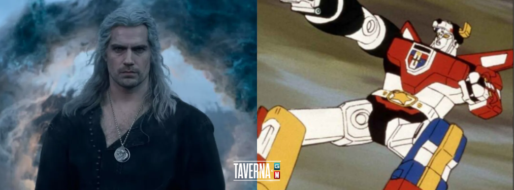 À esquerda, o ator Henry Cavill interpretando o personagem de The Witcher, e à direita, uma imagem do personagem Voltron.