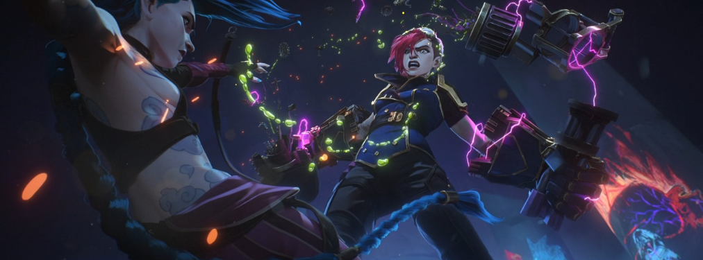 Personagens Vi e Jinx lutando.